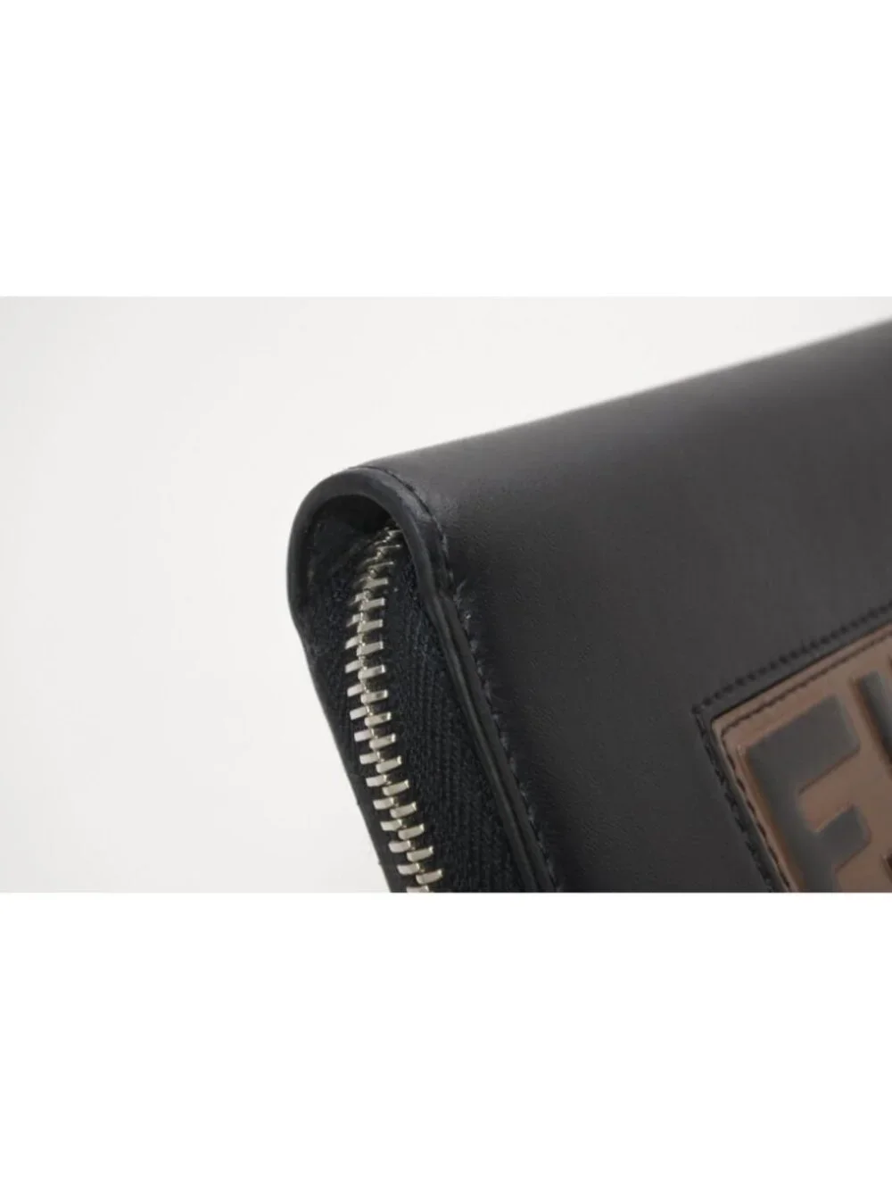 Fendi FF Logo Round Zip Wallet Leather Black Brown Silver
